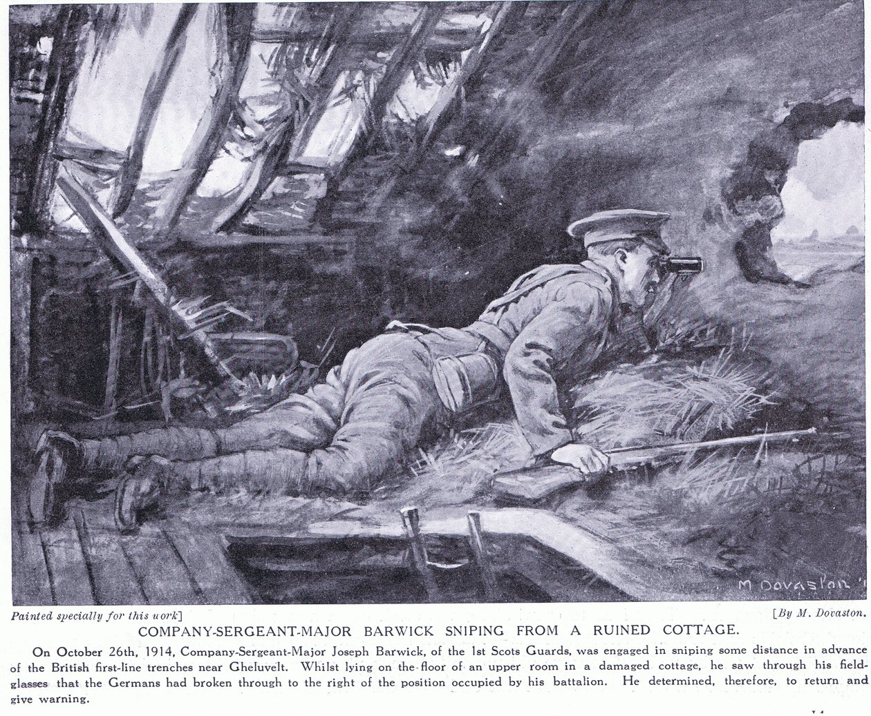 Rotmistr Barwick při odstřelování z rozbořené chaty v Ghehuveltu říjen 1914 (litografie) od Margaret Dovaston