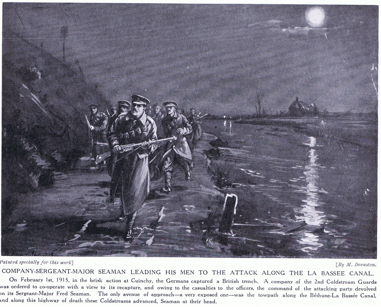 Rotmistr major Seaman vede své muže podél kanálu La Basse v únoru 1915 (litografie) od Margaret Dovaston