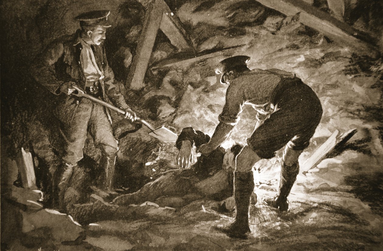 Desátník J. McCartney vykopává s pomocí kamaráda horníka, kterého zasypal výbuch v dole (litografie) od Margaret Dovaston