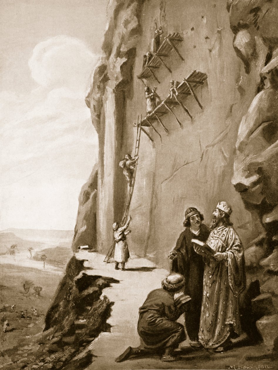 Darius dohlíží na svůj nápis v Behistunu, ilustrace z Hutchinsonových Dějin národů. od Margaret Dovaston