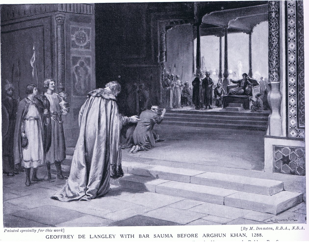 Geoffrey de Langley s Bar Saumou před Arghun Chánem 1288 n. l. (litografie) od Margaret Dovaston
