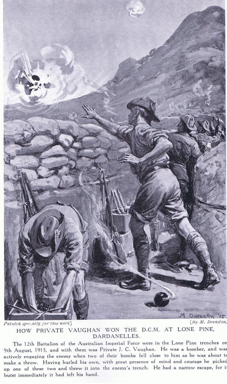 Jak vojín Vaughan získal DCM v Lone Pine Dardanely srpen 1915 (litografie) od Margaret Dovaston