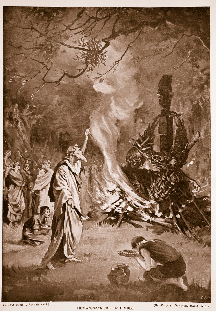 Lidské oběti druidů, ilustrace z knihy "Hutchison