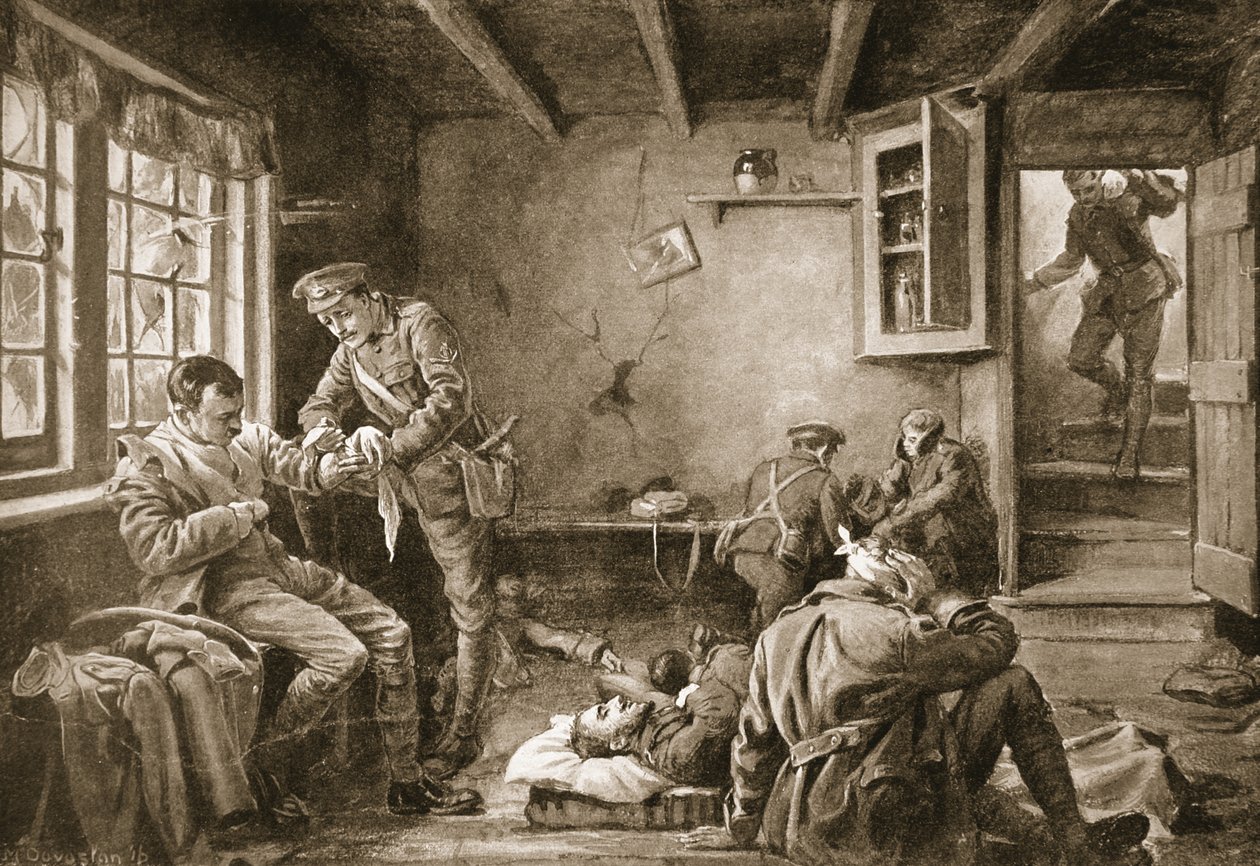 Podpraporčík Royall ošetřuje raněné v hostinci u cesty, který byl pod palbou (litografie) od Margaret Dovaston