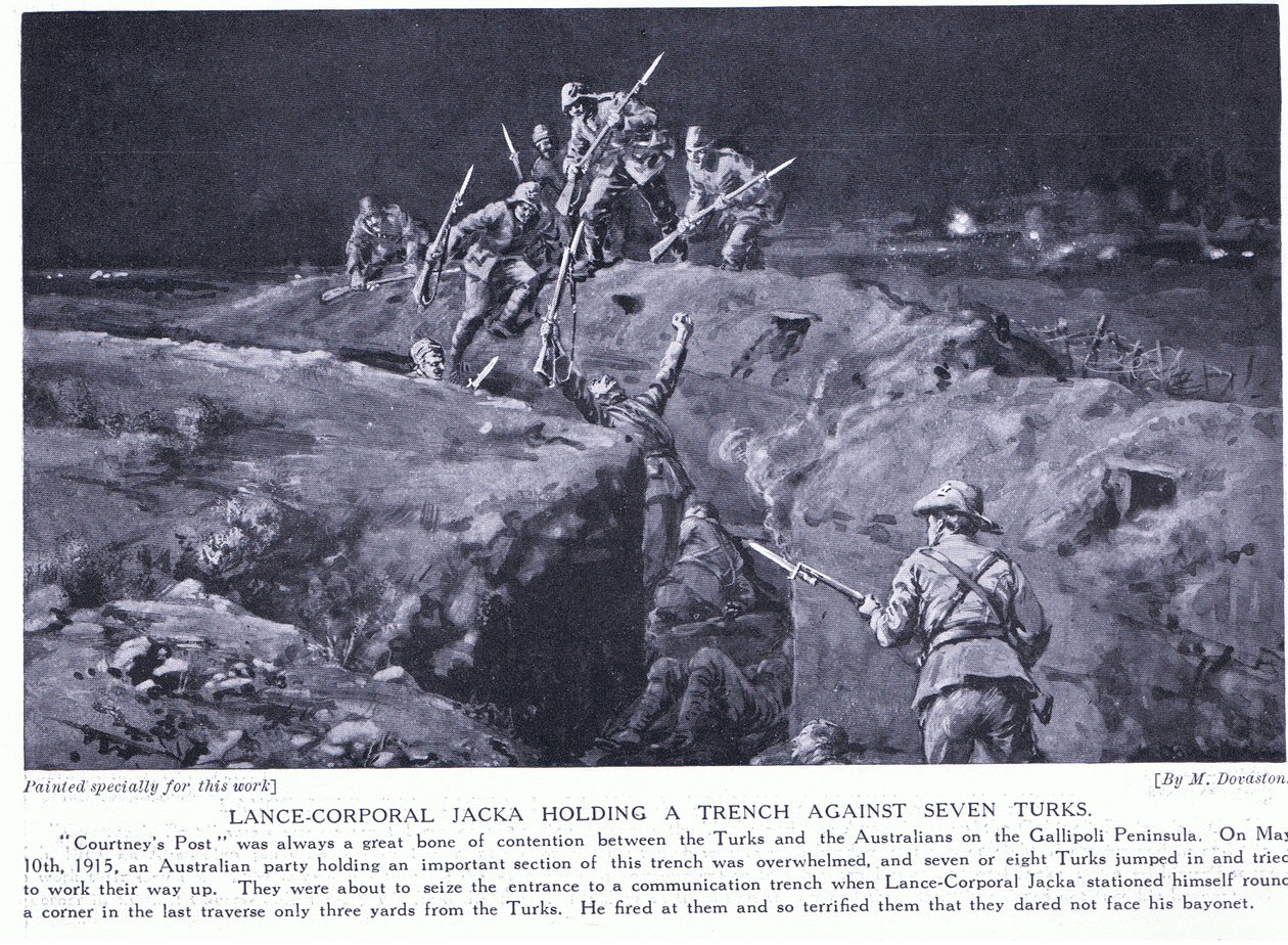 Desátník Jacka získává VC, když ukazuje, jak jeden muž může porazit sedm Květen 1915 (litografie) od Margaret Dovaston