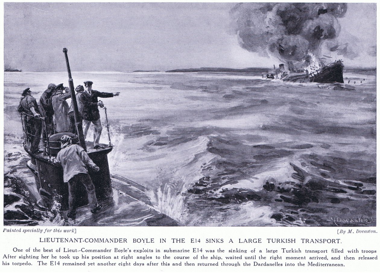 Nadporučík Boyle v E14 potápí velký turecký transportér 1915 (litografie) od Margaret Dovaston