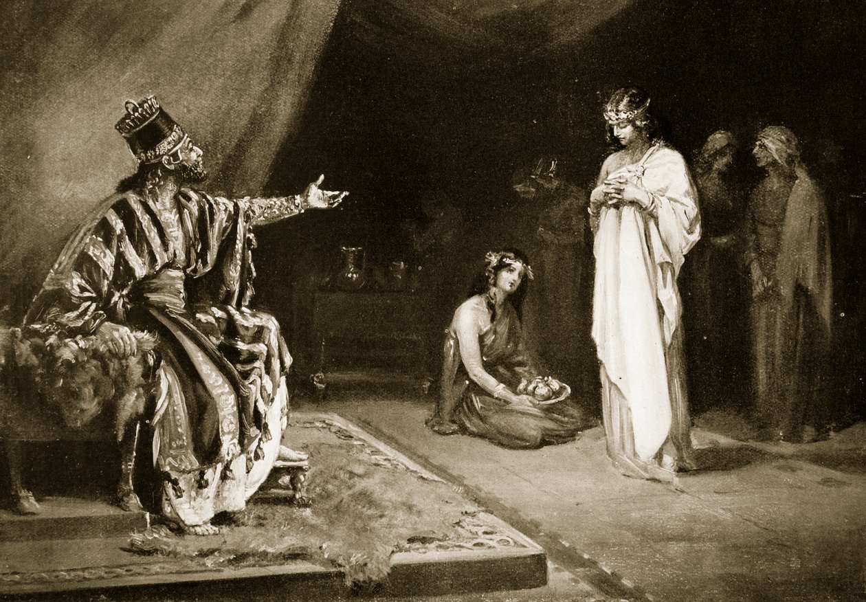 Sňatek asyrské princezny s babylonským králem Kara-Indašem, ilustrace z Hutchinsonovy "Historie národů" (litografie) od Margaret Dovaston
