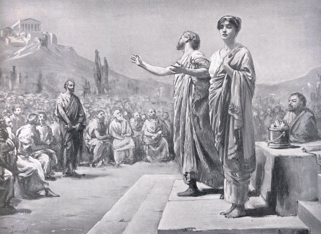 Perikles prosí o Aspasii, ilustrace z Hutchinsonových Dějin národů. od Margaret Dovaston