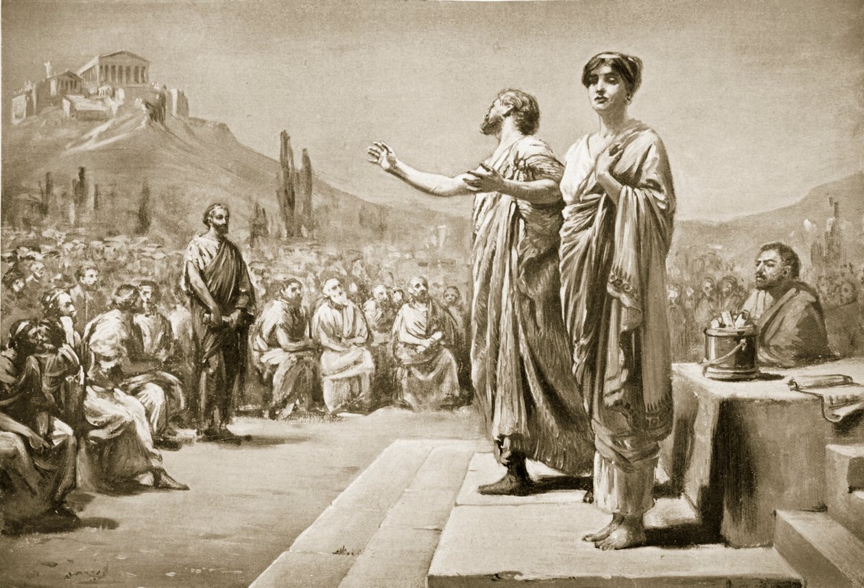 Periklés prosí o Aspasii, ilustrace z Hutchinsonových Dějin národů. od Margaret Dovaston