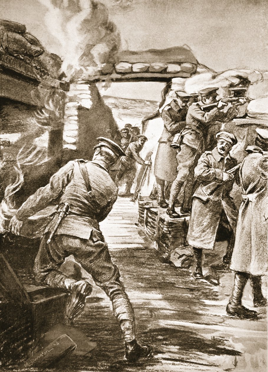 Vojín Callf vytahuje bednu s municí ze skladu bomb, který byl zapálen výbuchem granátu (litografie) od Margaret Dovaston