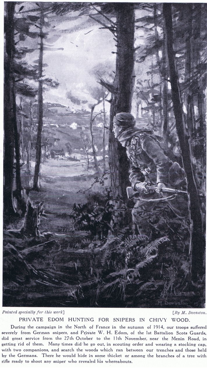 Vojín Edom loví odstřelovače v Chivy Wood, podzim 1914 (litografie) od Margaret Dovaston