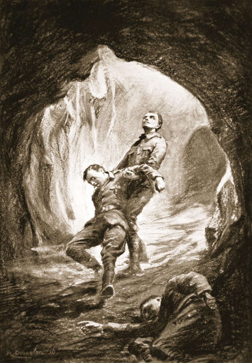 Vojín Weston zachraňuje kamaráda, který se v důlní štole nadýchal plynu (litografie) od Margaret Dovaston