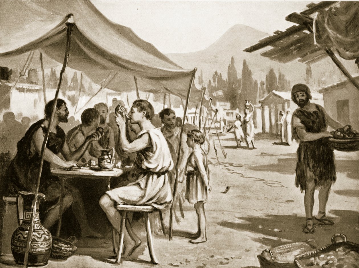 Sparťané jedí u veřejných stolů, ilustrace z "Hutchinsonových Dějin národů". od Margaret Dovaston
