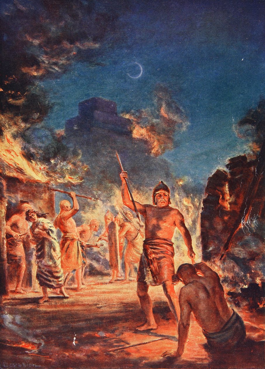 Vypálení Lagaše, ilustrace z Hutchinsonovy "Historie národů", cca 1910 (barevná litografie) od Margaret Dovaston