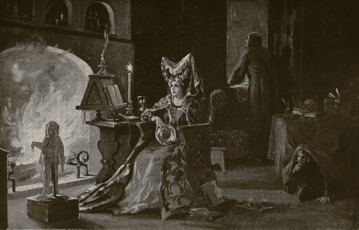 Vévodkyně z Gloucesteru praktikuje čarodějnictví, ilustrace z knihy "Hutchinson