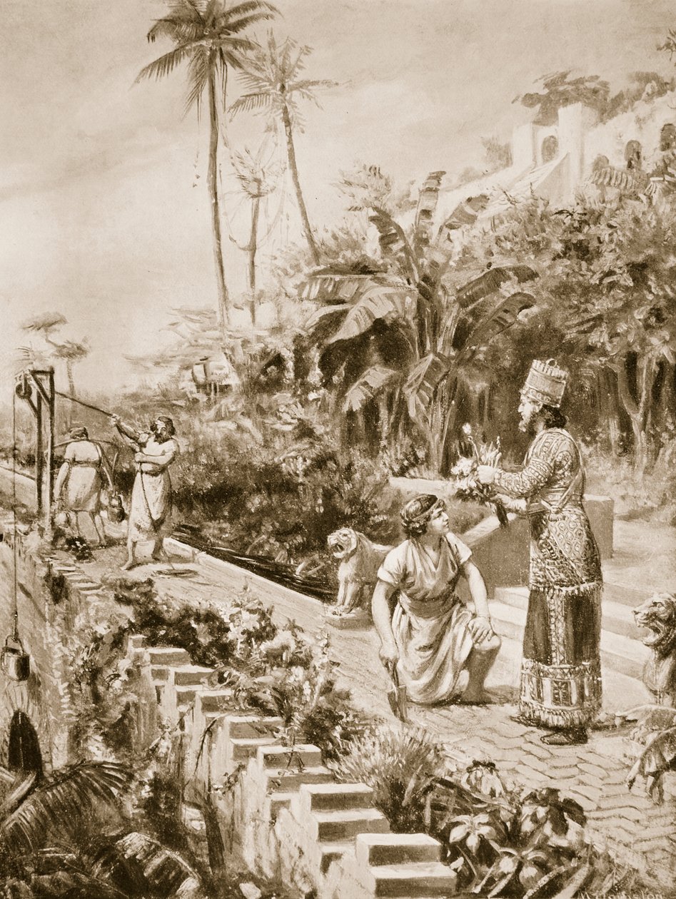 Babylonské visuté zahrady, ilustrace z Hutchinsonovy "Historie národů" (litografie) od Margaret Dovaston