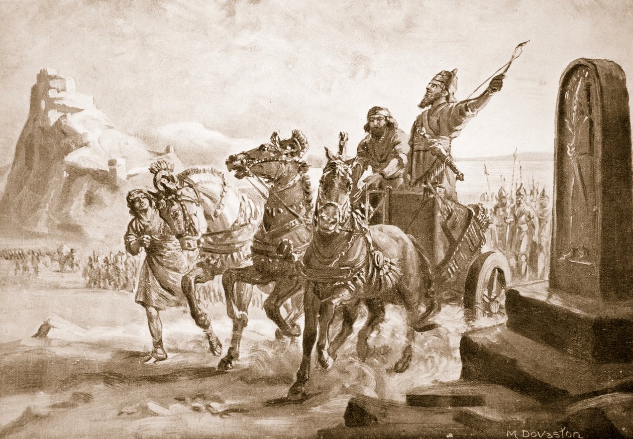 Tiglath-Pileser IV. před pevností Turušpa, ilustrace z "Hutchinson