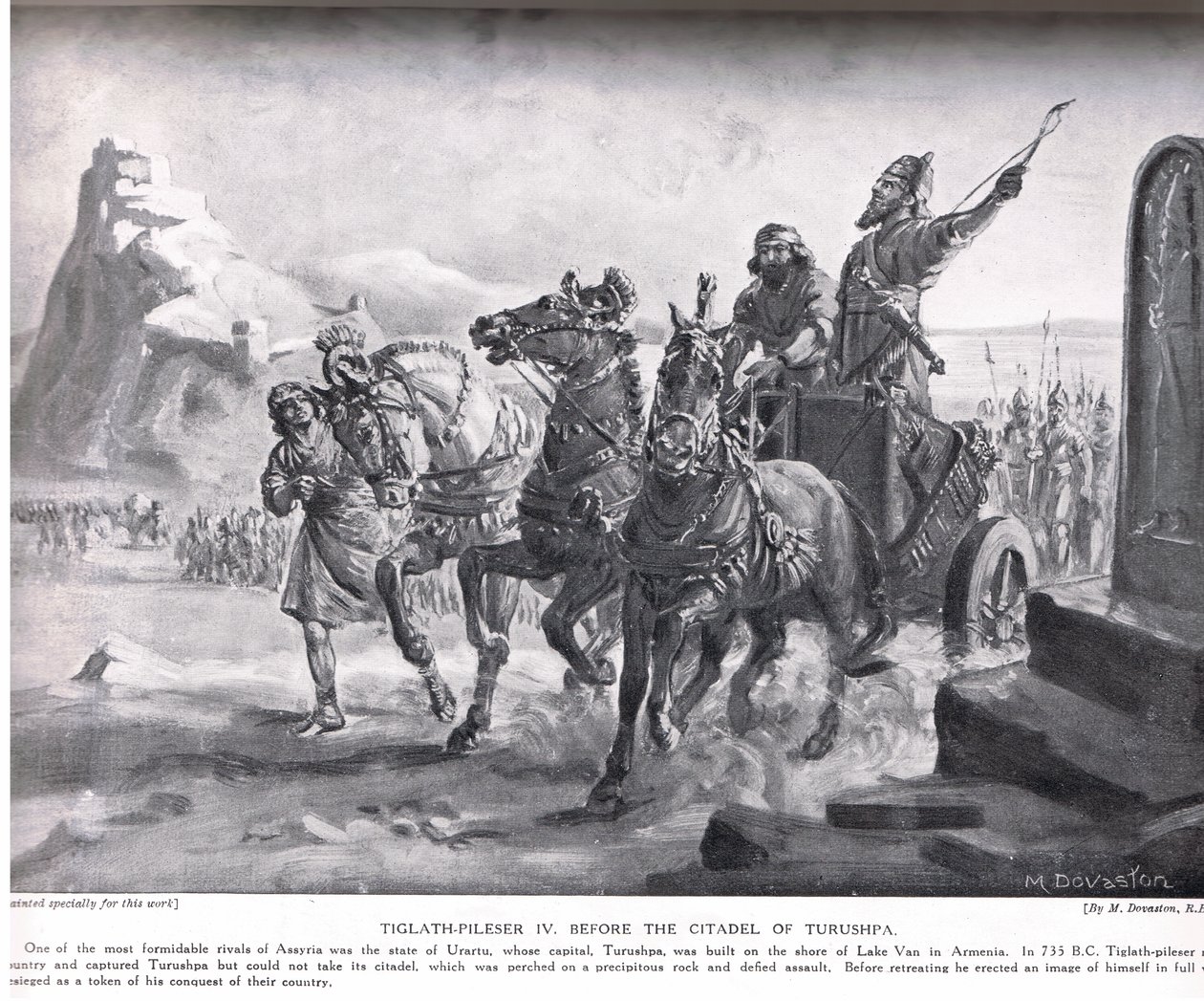 Tiglath-Pileser IV. před pevností Turušpa, ilustrace z "Hutchinson