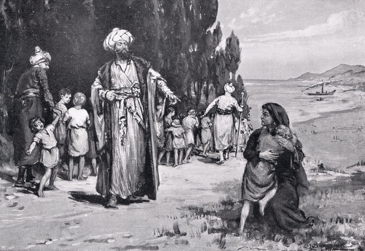 Pocta dětí Turkům, ilustrace z "Hutchinsonových dějin národů". od Margaret Dovaston
