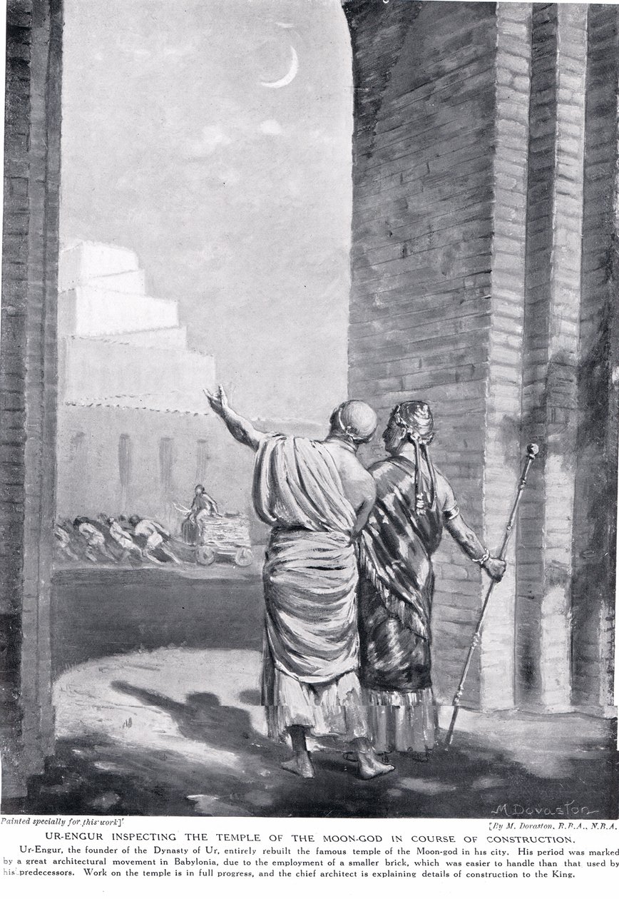 Ur-Engur kontroluje chrám boha Měsíce v průběhu stavby, ilustrace z Hutchinsonových "Dějin národů" (litografie) od Margaret Dovaston