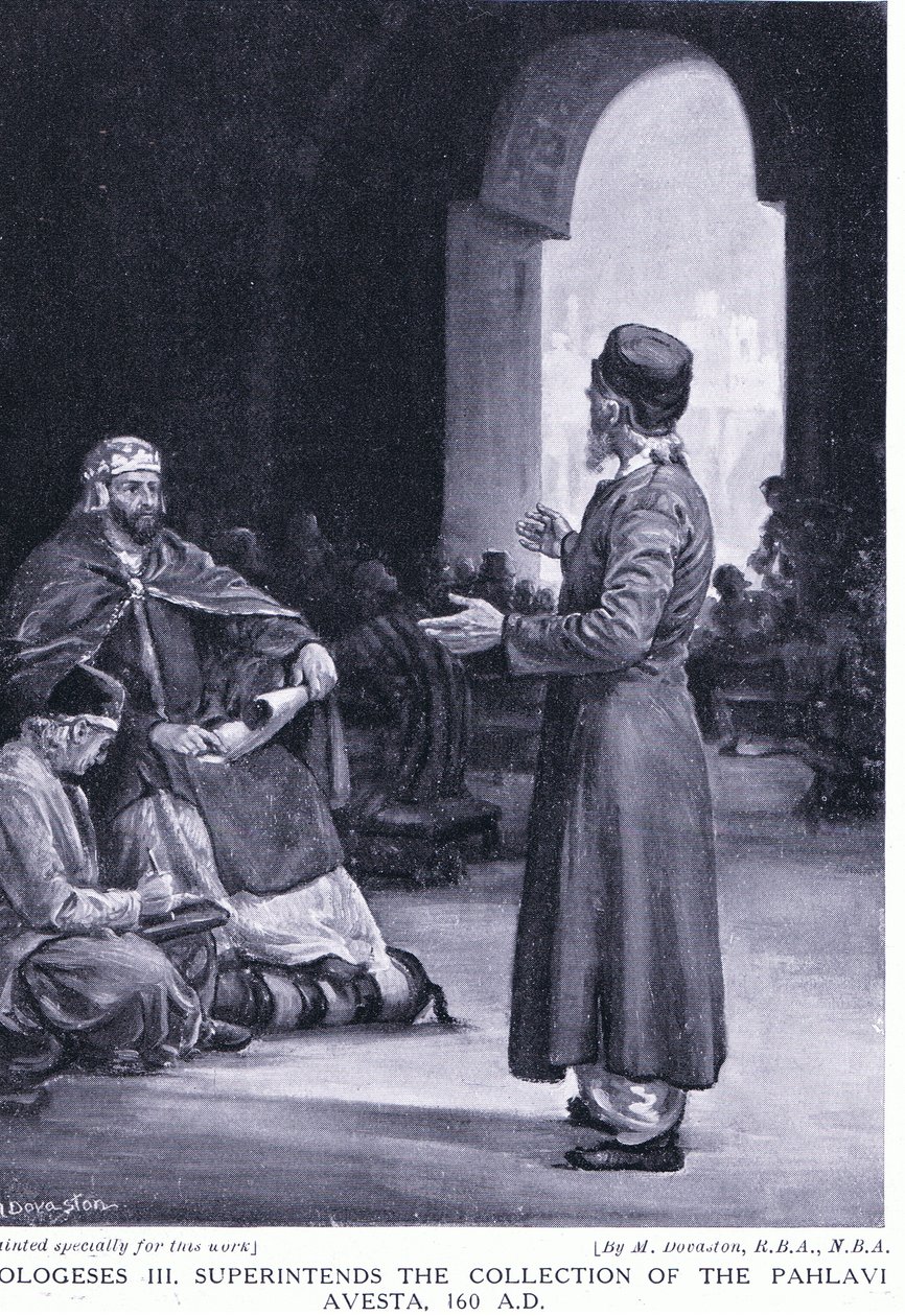 Vologeses III. dohlíží na sbírku pahlavské Avesty 160AD (litografie) od Margaret Dovaston