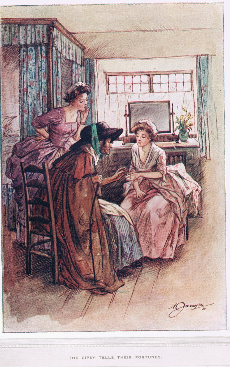 The Gipsy vypráví své štěstí, ilustrace z „The Vicar of Wakefield“ od Olivera Goldsmitha, kolem roku 1910 od Margaret Jameson