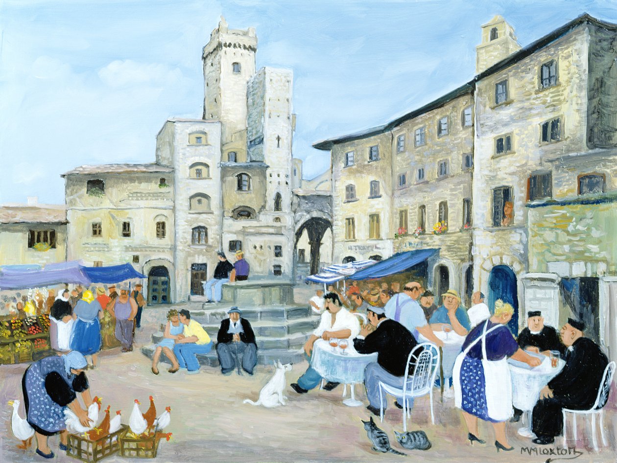 Oběd na náměstí, Toskánsko (olej na plátně) od Margaret Loxton