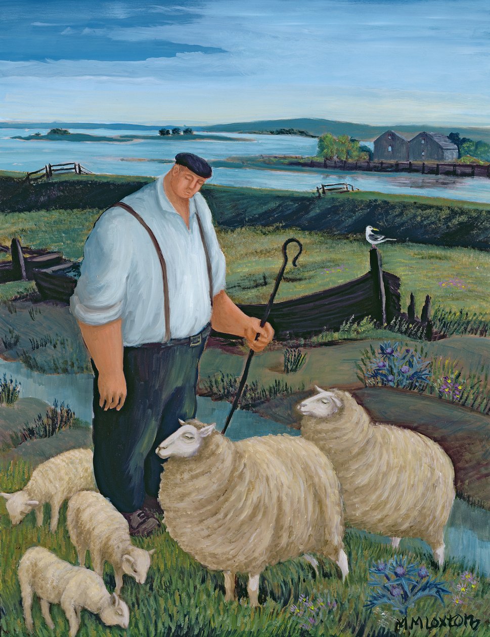 Pastýř s ovcemi v říční krajině od Margaret Loxton