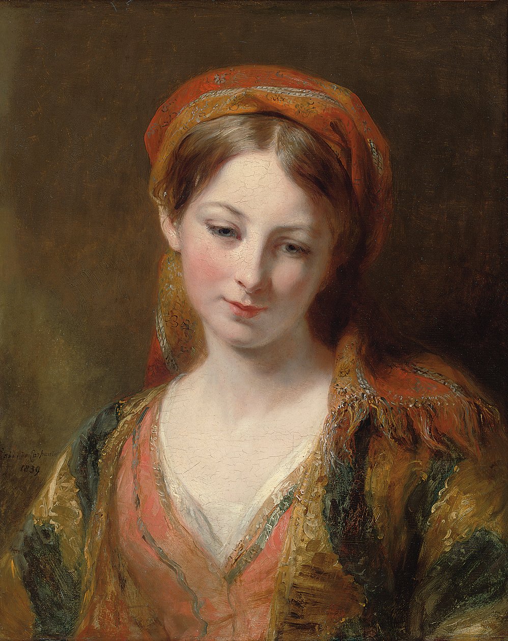 Portrét mladé dívky, považované za Henriettu Carpenterovou, délka přes prsa, v orientálních šatech, 1839 od Margaret Sarah Carpenter