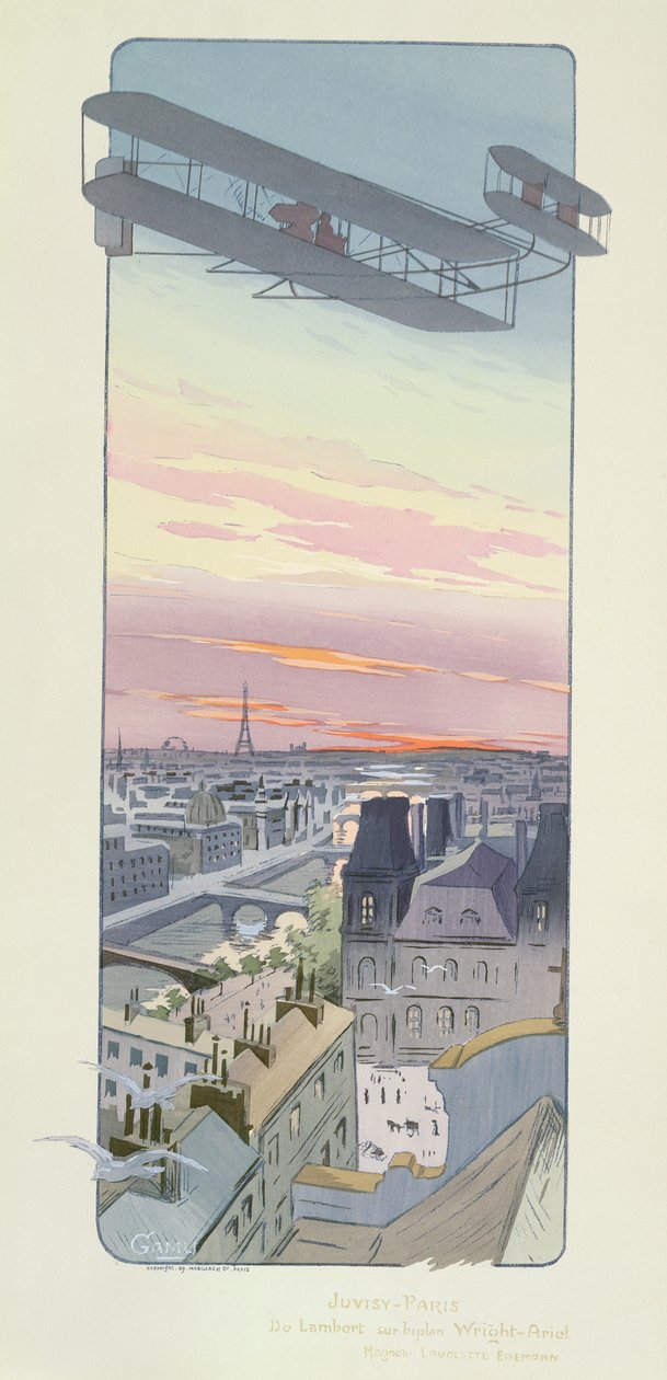 Comte Charles de Lambert létající na dvouplošníku Wright-Ariel, Juvisy, Paříž, vydal Mabileau, Paříž, 1914 (pochoir print) od Marguerite Montaut