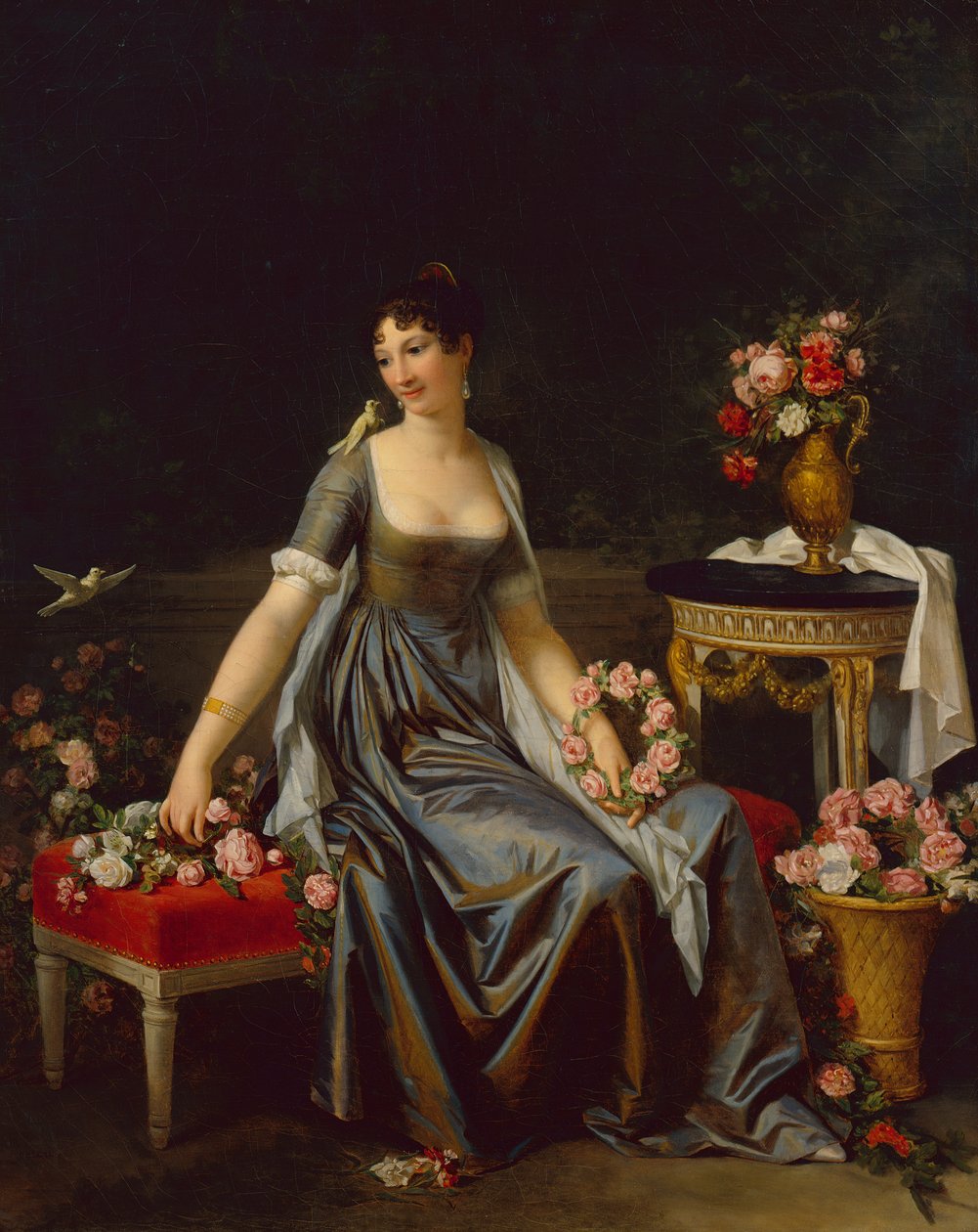 Portrét dámy, obklopená květinami a ptáky, cca 1800 (olej na plátně) od Marguerite Gerard