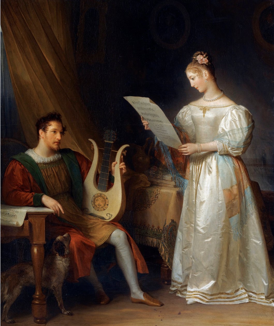 ""Muž držící lyru a žena držící partituru v interiéru"" (Interiér s mužem držícím lyru a ženou s hudební partiturou) Obraz Marguerite Gerard (1761-1837), - Olej na plátně Dim 64 Soukromá sbírka 5x55 cm od Marguerite Gerard