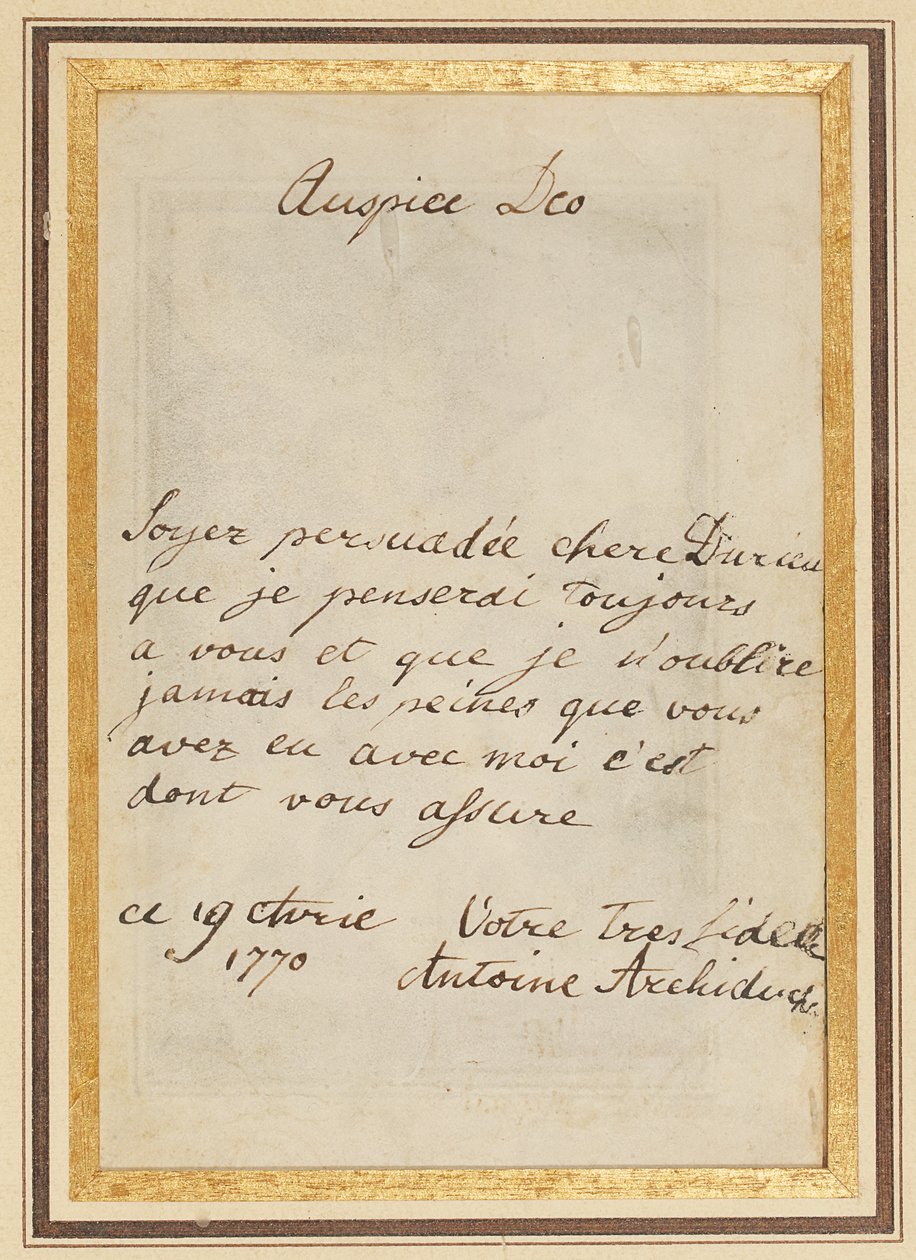 Autogramový dopis Thérèse nebo Barbe Durieuxové ze dne 19. dubna 1770 od Maria Antonia Josepha Johanna von Habsburg Lothringen