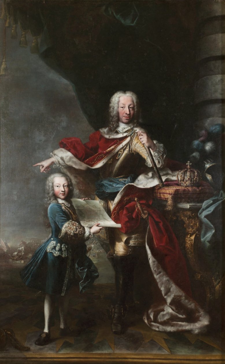 "Viktor Amadeus III. jako dítě ukazuje svému otci Karlu Emanuelovi III. Savojskému mapu milánského hradu. portrét Karla Emanuela III. a Viktora Amadea III. Savojského". od Maria Giovanna Clementi