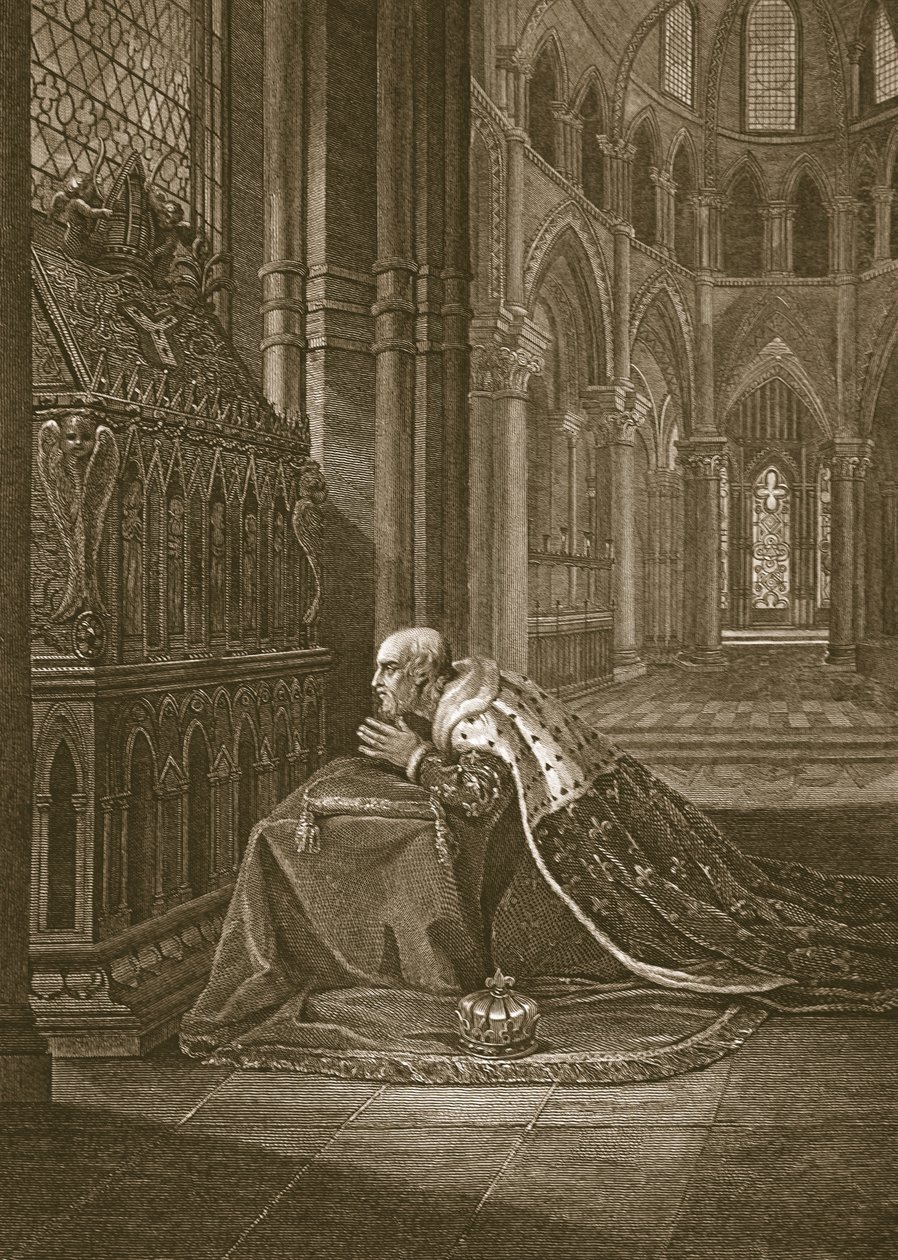 Lewis VII, francouzský král, před Beckettovou hrobkou, ryl W. Sharp, ilustrace z Davida Huma 