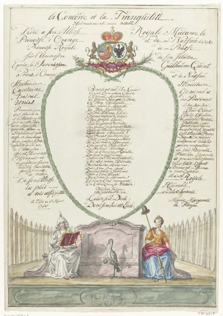 Verš pro princeznu Wilhelmínu ke čtyřicátým narozeninám prince Williama V., 1788 la Concorde et la Tranquilité (název na objektu) od Maria Margaretha la Fargue