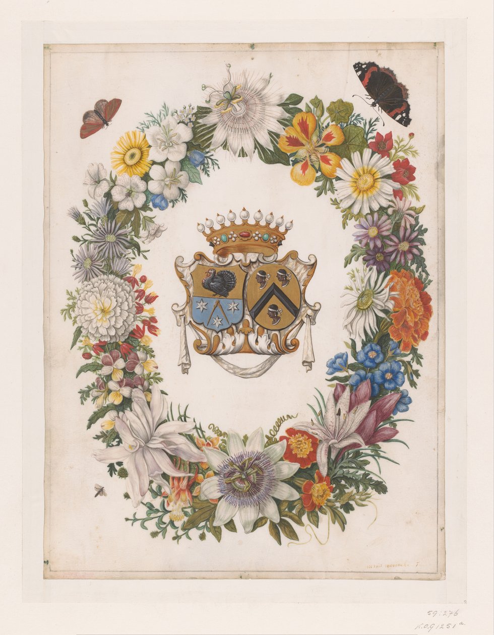 Znak Aliance Cornelis Calkoen a Maria van der Merct Erb Aliance Cornelis Calkoen a Maria van der Merct ve věnci z květin od Maria Moninckx
