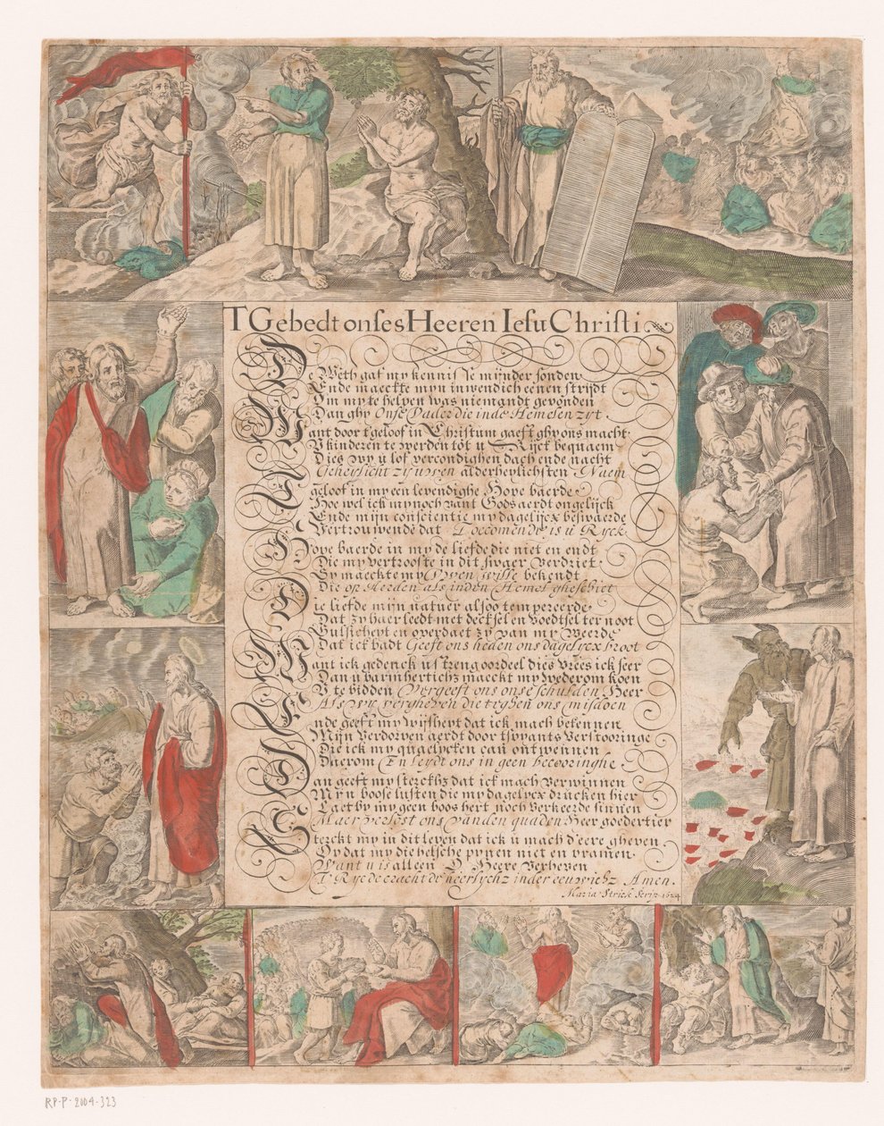Kaligrafický text zobrazující výjevy z Kristova života T Prayer Onses Heeren Iesu Christi (titul na předmětu) od Maria Strick Becq