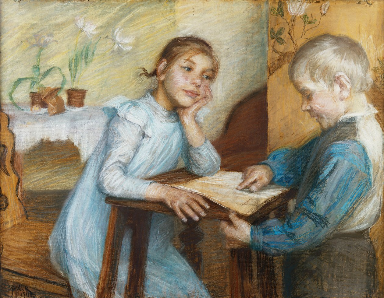 Interiér s chlapcem, který čte dívce, 1912 od Maria Wiik