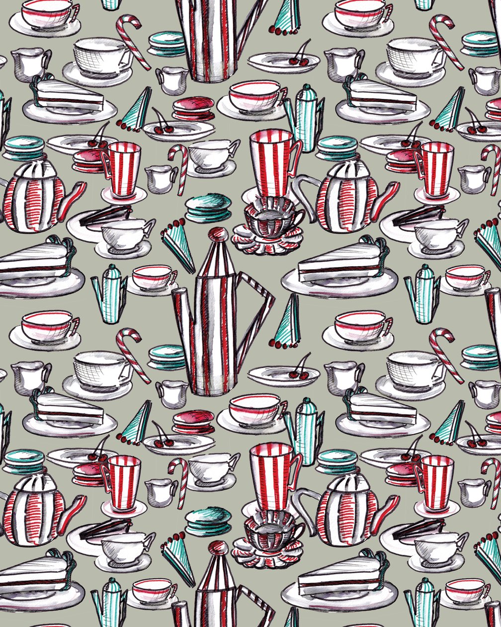 Candy Stripe Tea Party, 2020 ( akvarel, pero, na papíře) od Marianna Kulukundis