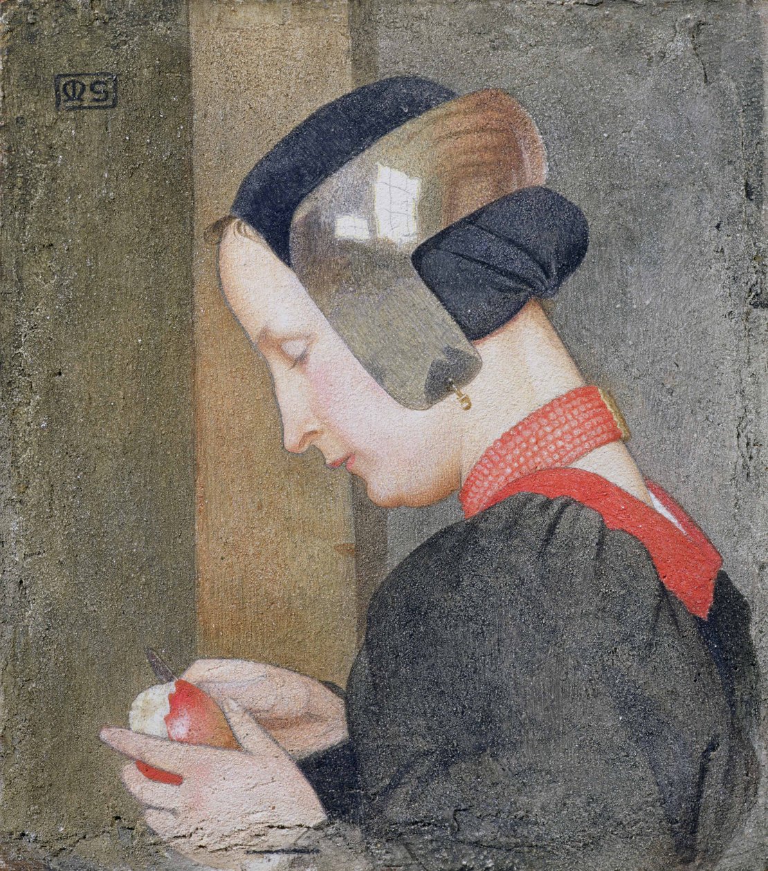 Portrét dámy loupající jablko (tempera na gessoed panelu) od Marianne Stokes