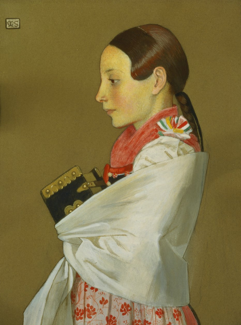 Mladá dívka z Menguszfalvy jde do kostela, kolem 1905-1907 (uhlí a kvaš na papíře) od Marianne Stokes