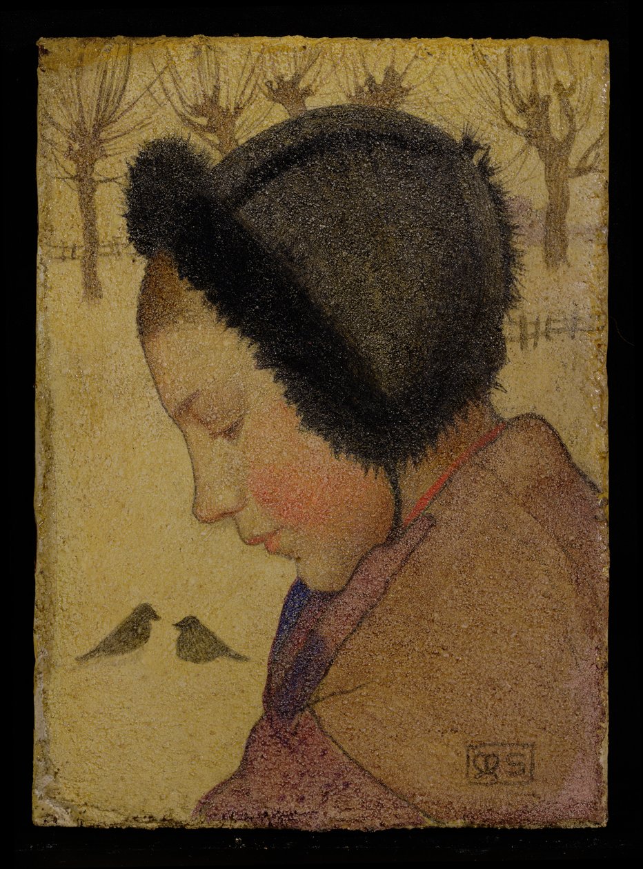 Hlava mladé dívky v kožešinové čepici (olej a gesso na palubě) od Marianne Stokes