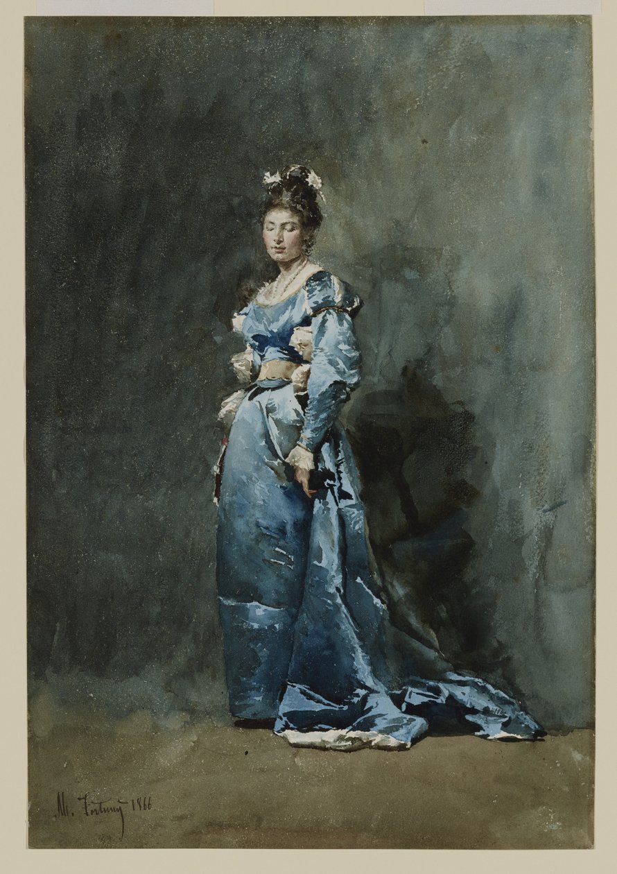 Mladá žena v modrých šatech, 1866 (wc a bílý kvaš na papíře) od Mariano José María Bernardo Fortuny y Carbó