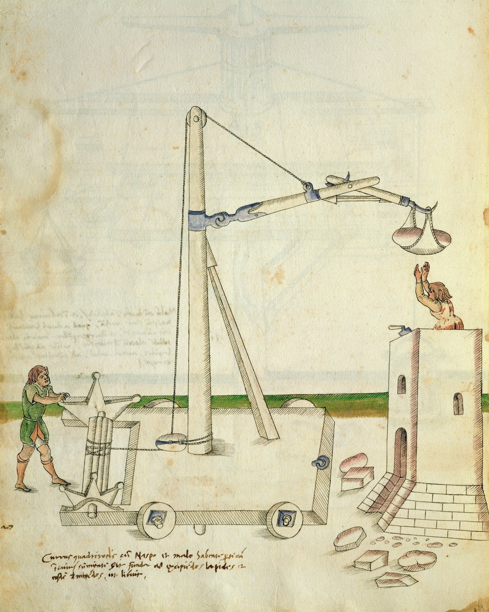 Návrh jeřábu pro stavbu věže, ilustrace z knihy "De Machinis" (perem, tuší a čb na papíře) od Mariano di Jacopo