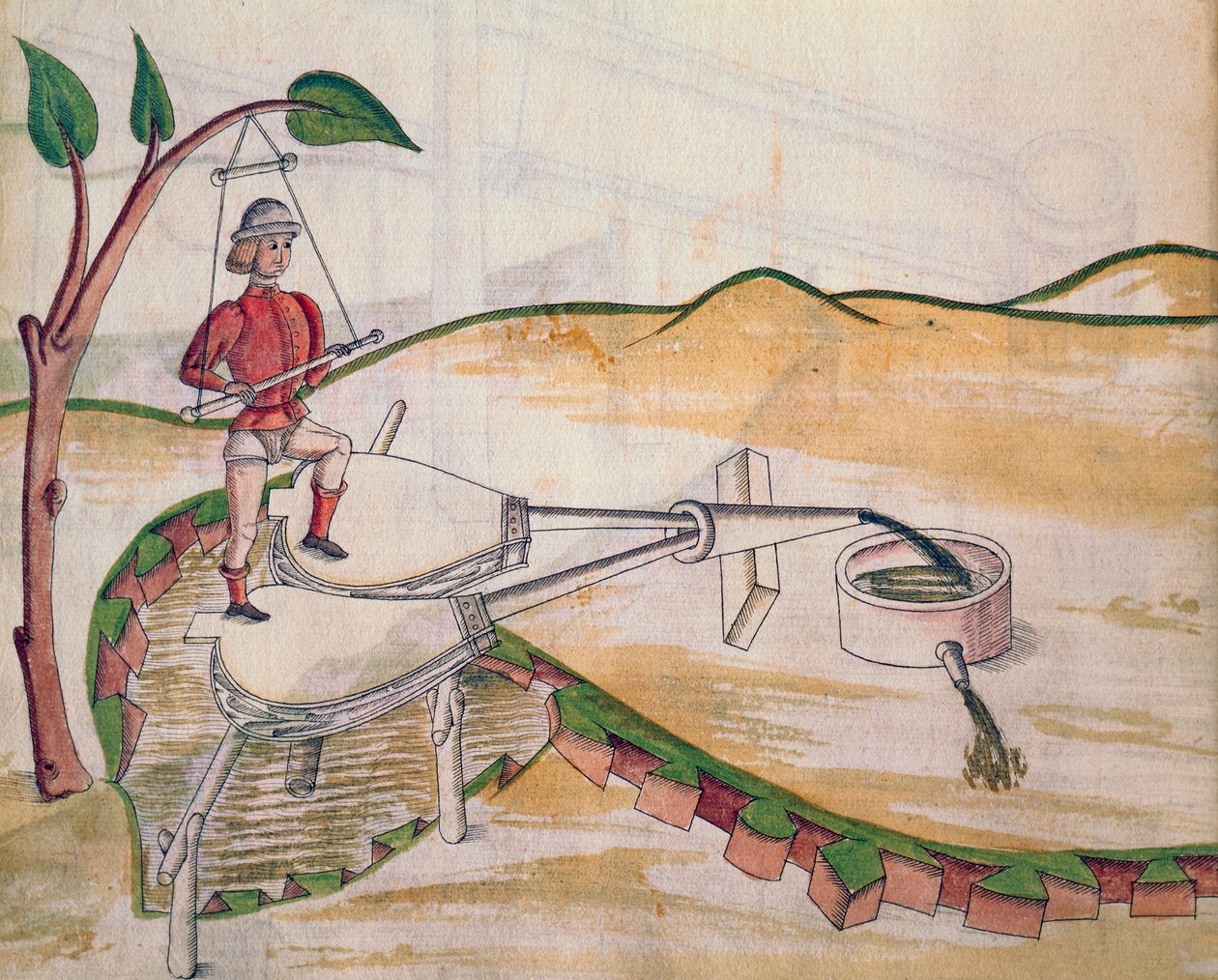 Schéma čerpadla pracujícího pomocí měchu, ilustrace od De Machinis (pero a inkoust a wc na papíře) od Mariano di Jacopo 1382 c.1453 after Mariano di Jacopo 1382 c.1453 after