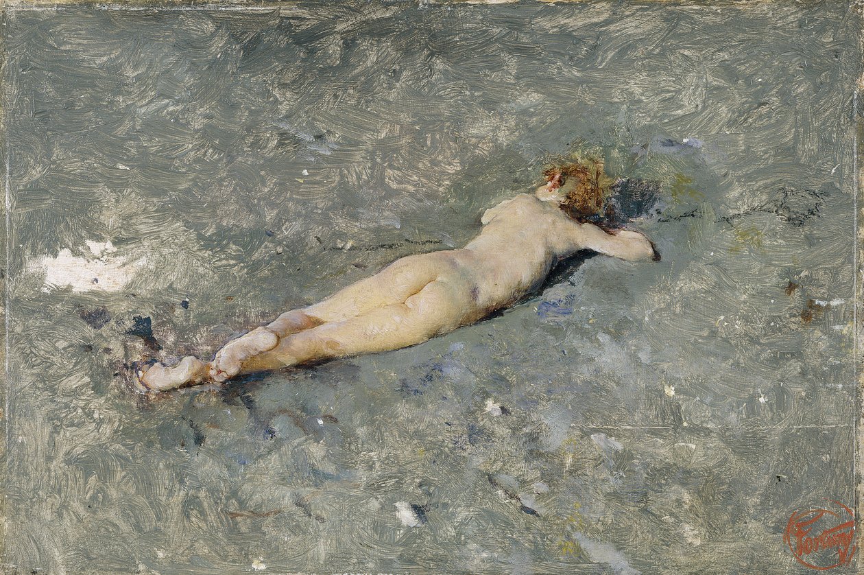 Nahé dítě ležící na pláži v Portici (Nahé na pláži v Portici) - obraz Mariana Fortunyho (1838-1874) od Mariano Fortuny y Marsal