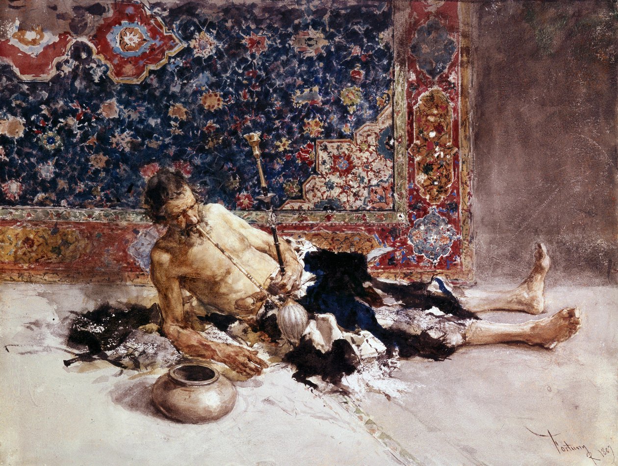 Kuřák opia. Kuřák opia. Obraz Mariano Fortuny y Marsal (1838-1874) od Mariano Fortuny y Marsal
