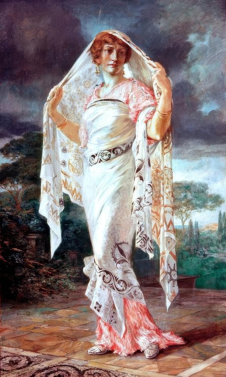 Portrét Henriette Fortuny v pompejském hávu od Mariano Fortuny y Madrazo