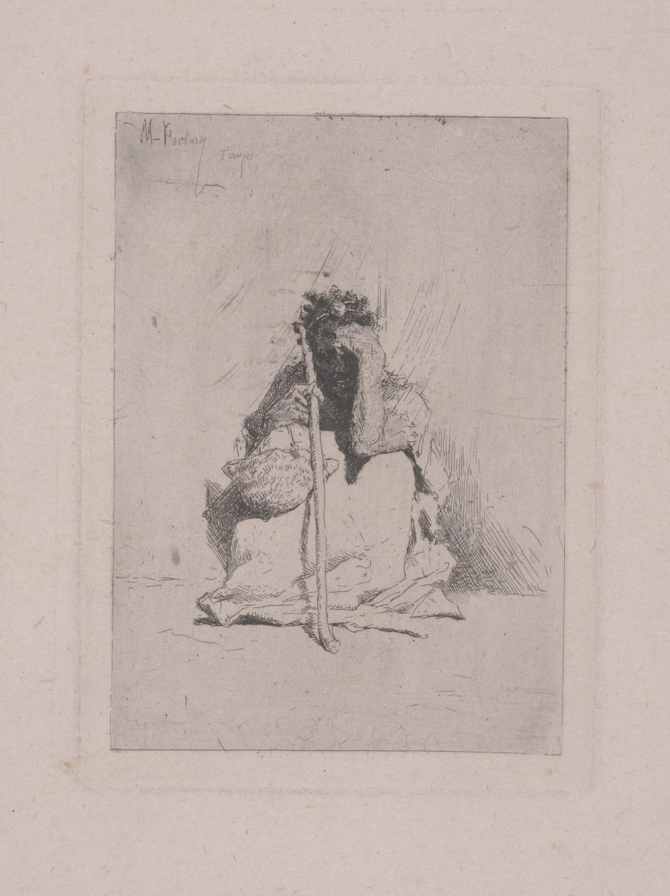 Bez názvu - Krčící se postava s holí (lept) od Mariano José María Bernardo Fortuny y Carbó